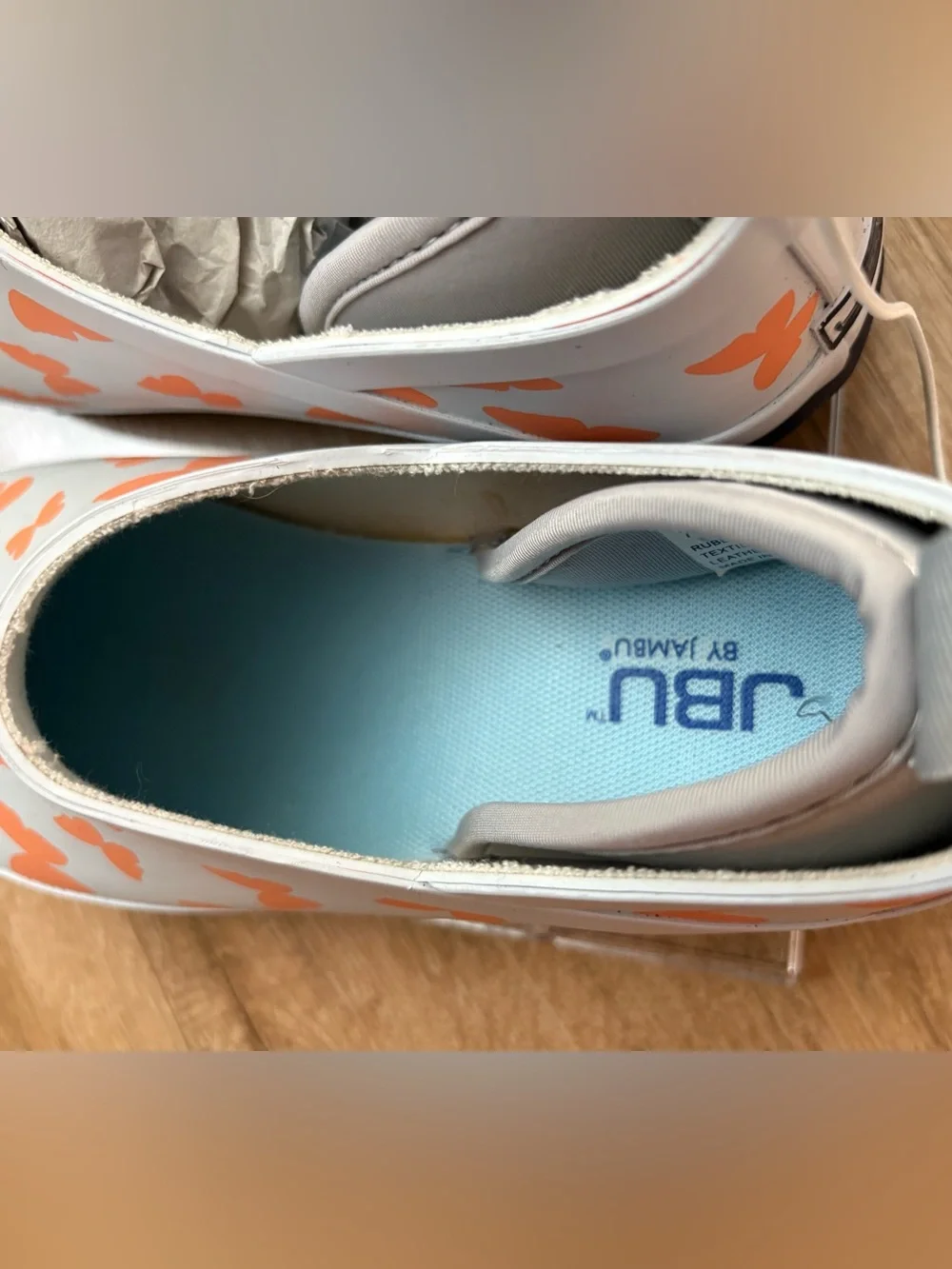 JBU Kids Waterproof Slip-On Boots in Light Gray with Orange Butterfly Print